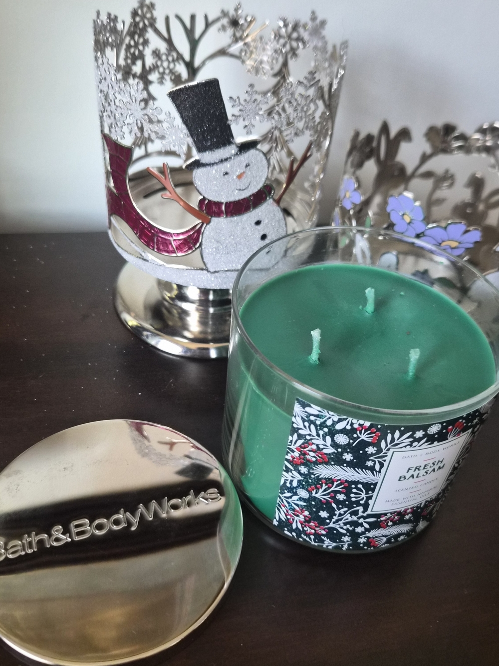3 Peice Set, Bath & Body Works 3-Wick Candle with Snowman & Bunny Candle Holder - Picture 7 of 15